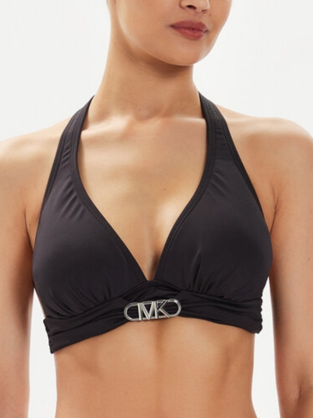 Michael Kors Bikini Top Black Ruched Triangle Swimsuit Logo NWT
